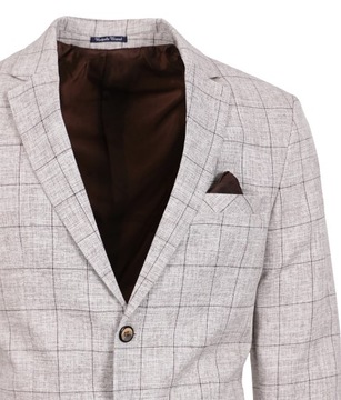 MARYNARKA MĘSKA BAWEŁNIANA ELEGANCKA WIZYTOWA BEŻOWA W KRATĘ CASUAL 54