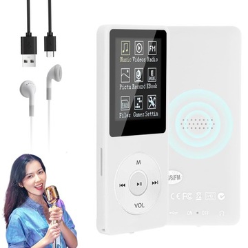 ODTWARZACZ MP3 SMUKŁY PRZENOŚNY EBOOK RADIO FM BLUETOOTH HI-FI 16GB BIAŁY