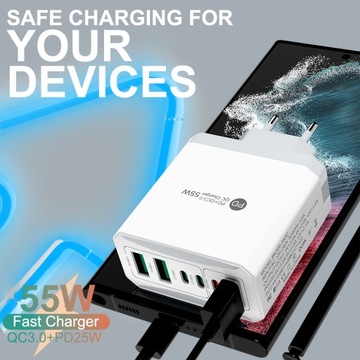 MOCNA SZYBKA UNIWERSALNA ŁADOWARKA SIECIOWA 55W PD+QC 3.0 USB x3 + USB-C x3