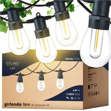 GIRLANDA Ogrodowa Świetlna Tarasowa Balkonowa 16m 30x Żarówek LED 2 Gratis