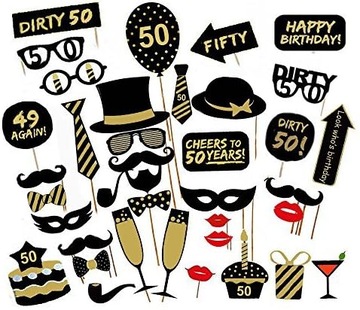 ZESTAW 36 SZT GADŻETY REKWIZYTY DO ZDJĘĆ WESELE ŚLUB FOTOBUDKA 50 URODZINY