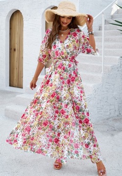 Letnia Sukienka Maxi z Kwiatowym Wzorem i Wycięciem V, Idealna na Imprezy
