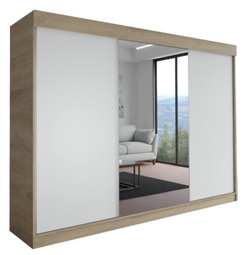 SZAFA MILAN - 3D 210 CM - SONOMA + BIAŁY (1 lustro)- garderoba trzydrzwiowa
