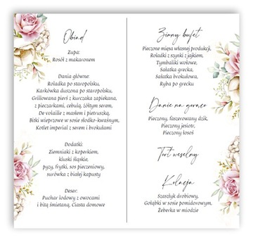 Menu weselne, ślubne, karta dań na stół, KWIATY KW