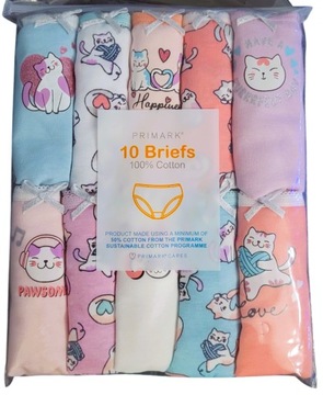 PRIMARK Majtki Figi 10szt 134cm 8-9L Majteczki 10pak Kot Kotki Koty Pastele