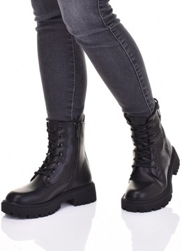 TRAPERY DAMSKIE BUTY BOTKI WORKERY CZARNE SKÓRZANE
