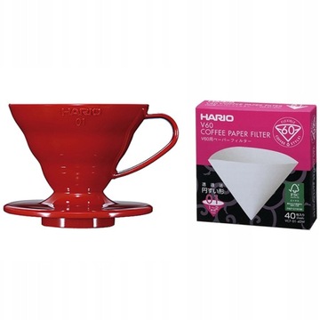 Drip zaparzacz do kawy Hario V60-01 czerwony + Filtr Hario V60-01 40 sztuk