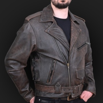 Кожаная мотоциклетная байкерская куртка, поношенная, коричневого цвета