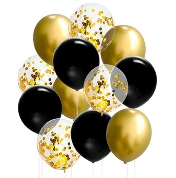 ZESTAW balony CZARNE ZŁOTE z konfetti