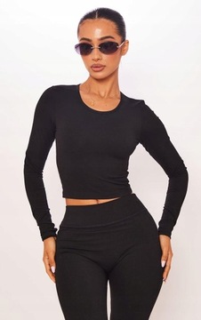 Prettylittlething NG4 ihv CZARNY CROP TOP DŁUGI RĘKAW M