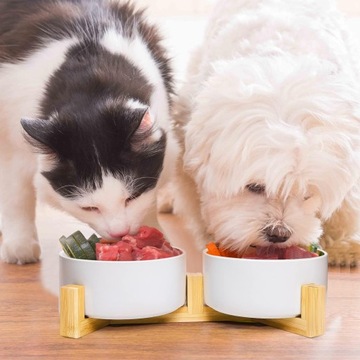 ДВОЙНАЯ ЧАШКА ДЛЯ КОШКИ, КЕРАМИЧЕСКИЕ ЧАШКИ НА ПОДСТАВКЕ БАМБУК, 2X400МЛ