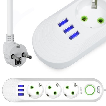 LISTWA ZASILAJĄCA 3 GNIAZDA + 3 USB PRZEDŁUŻACZ 2M