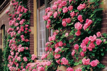 Высокая розовая плетистая роза.