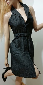 Orsay dżinsowa grafitowa sukienka zapinana na guziki zakładana na szyję 36