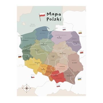 Plakat dla dzieci 30x40 Mapa Polski polskie miasta WOJEWÓDZTWA rzeki
