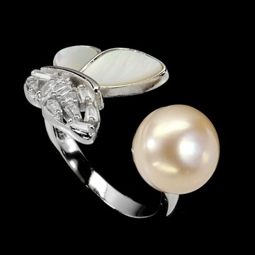 Pierścionek delikatny naturalna perła masa perłowa cyrkonie motyl r 12