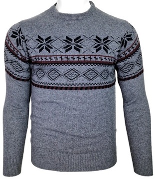 Sweter męski wełniany we wzorki W440 ciepły grafitowy świąteczny r. L