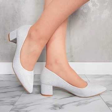 SREBRNE BROKATOWE ELEGANCKIE BUTY CZÓŁENKA NA SŁUPKU 5 cm 37