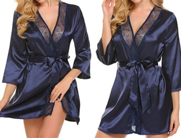 ЖЕНСКИЙ АТЛАСНЫЙ ХАЛАТ С КРУЖЕВОМ ЭЛЕГАНТНЫЙ ПЕНЬЮАР СТРИНГИ ЦВЕТА