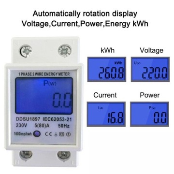 ОДНОФАЗНЫЙ СЧЕТЧИК ЭНЕРГИИ DIN, ЖКИ-ТОК, СТОРОЖИ, рейка кВтч, 5(80)А