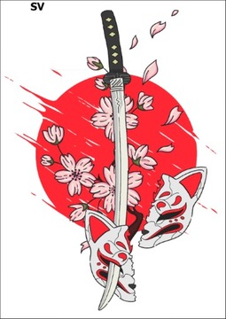 Duży TATUAŻ Tymczasowy KATANA samuraj japoński zmywalny wodny jednorazowy