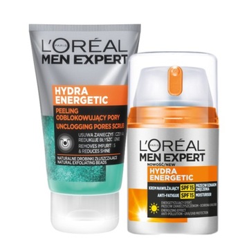 Zestaw Loreal Men Expert: krem nawilżający z SPF 15, peeling do twarzy