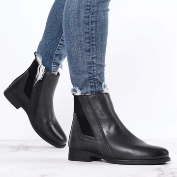 Czarne skórzane botki płaskie damskie buty zimowe komfortowe ROZ. 37