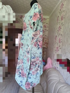 Sukienka kwiaty szyfonowa zwiewna maxi MIĘTOWA XL