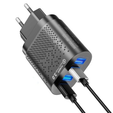 БЫСТРОЕ СЕТЕВОЕ ЗАРЯДНОЕ УСТРОЙСТВО QC 3.0, 4 USB + КАБЕЛЬ