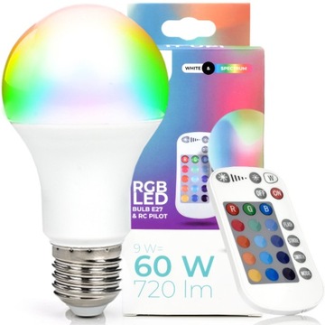 MOCNA KOLOROWA ŻARÓWKA LED E27 KOLORY RGB ŚCIEMNIALNA STEROWANIE PILOTEM
