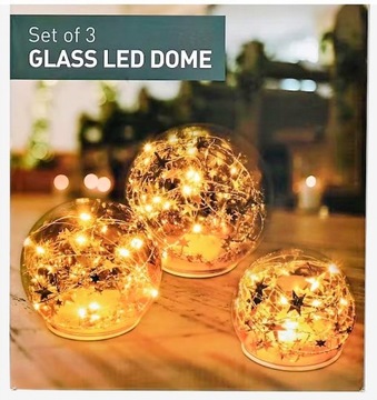 НАБОР ИЗ 3 ПРЕДМЕТОВ ДЕКОРАТИВНЫХ СВЕТОДИОДНЫХ СТЕКЛЯННЫХ КУПОЛОВ СЕРЕБРА СО ЗВЕЗДНЫМ МОТИФОМ