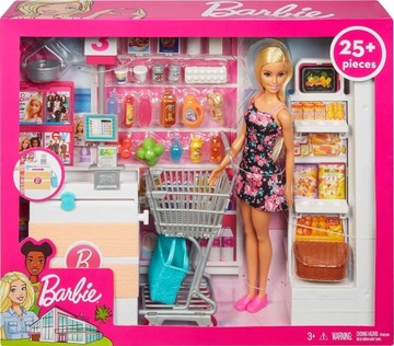 BARBIE Lalka Zestaw Sklep Supermarket Kasa Wózek Akcesoria FRP01