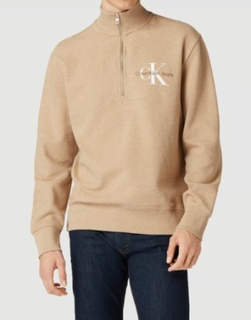 Calvin Klein Jeans Sweter z dzianiny z detalami z logo -beżowy melanż r. XL