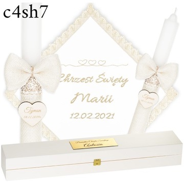 ŚWIECA NA CHRZEST + PUDEŁKO SZATKA I ŚWIECA DO CHRZTU HAFT + GRAWER - BOHO