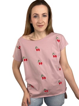 Luźna koszulka t-shirt haftowane wisienki cherry laserowo cięta S M L Fancy