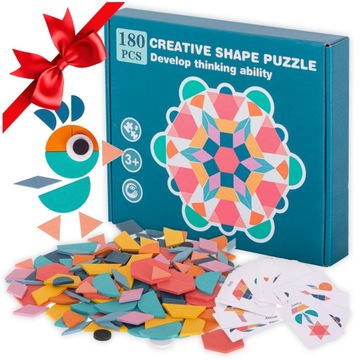 DREWNIANA UKŁADANKA TANGRAM PUZZLE MONTESSORI KLOCKI + KARTY + WOREK 180EL.