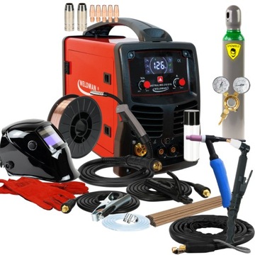 Spawarka Migomat z PLAZMĄ MIG/MAG MMA FLUX LCD 200A synergia Weldman Zestaw
