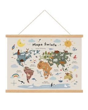 Plakat MAPA ŚWIATA ZE ZWIERZĘTAMI kontynenty 30x40 cm OBRAZEK pokój dziecka
