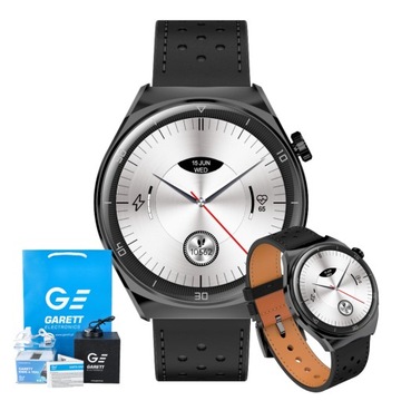 Zegarek męski Garett Smartwatch V12 czarny pasek skóra wielofunkcyjny