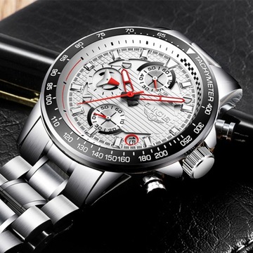 Zegarek męski LIGE bransoleta srebrny czarny chronograf datownik