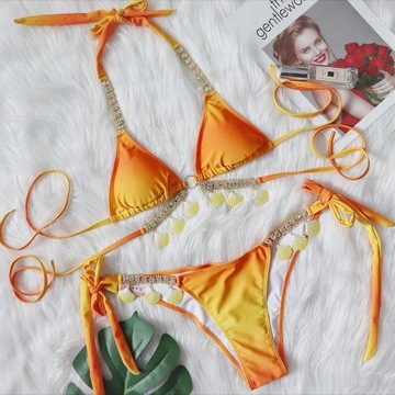 Halter Neck Triangle Bikini Sets, V Neck Ring-Linked Weaving Straps Tie