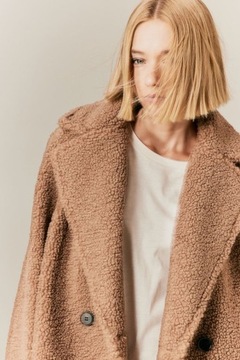 H&M kożuszek baranek futerkowy futro płaszcz miś długi oversize karmelowy S