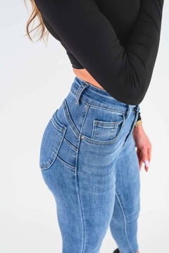 Ciemne klasyczne jeansy damskie dopasowane rurki PUSH UP XXL