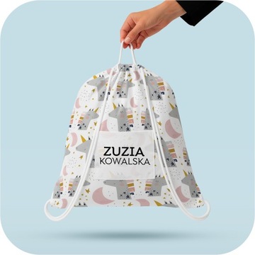 WOREK NA POŚCIEL Z IMIENIEM DO PRZEDSZKOLA ŻŁOBKA Pojemny Z UCHWYTEM 50x60