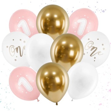 Balony różowe złote bukiet zestaw Roczek 10 szt