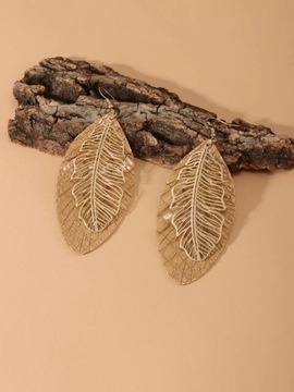 Kolczyki długie złote skórzane z liśćmi liście
