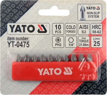 Yato Groty Śrubokrętowe, Bit, Końcówk Ph2 25Mm Zestaw 10-Sztukowy YT-0475