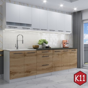 Meble kuchenne z BLATEM - 2,6 m - FLIP dąb wotan + biały mat [M1-K11]