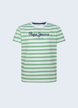 PEPE JEANS BIAŁY T-SHIRT ZIELONE PASKI (10L)