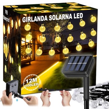 GIRLANDA ŚWIETLNA LAMPKI OGRODOWE SOLARNE BALKON TARAS 12M KULKI 100 LED